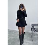 FMN Moda kadın siyah mini boy triko fitilli elbise çan etek pinterest sıfır yaka