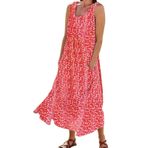 FNKDOR 2024 Sundress Uzun Günlük Büyük Beden Cepli Kırmızı Dökümlü Çiçekli Yazlık Kadın Elbise