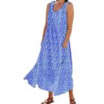 FNKDOR 2024 Sundress Uzun Günlük Büyük Beden Cepli Mavi Dökümlü Çiçekli Yazlık Kadın Elbise