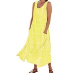 FNKDOR 2024 Sundress Uzun Günlük Büyük Beden Cepli Sarı Dökümlü Çiçekli Yazlık Kadın Elbise