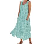 FNKDOR 2024 Sundress Uzun Günlük Büyük Beden Cepli Yeşil Dökümlü Çiçekli Yazlık Kadın Elbise