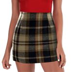 FNKDOR Bodycon Yüksek Bel Karo Kahverengi Kadın Mini Etek