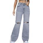 FNKDOR Bootcut Jeans Kadın Yüksek Bel Yırtık Delikli Geniş Bacak Baggy Kot Pantolon, Mavi, XXL