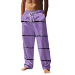 FNKDOR Erkekler için keten pantolon, uzun, hafif, yazlık pantolon, geniş bacaklı, çizgili, boş zaman pantolonu, erkekler için, plaj pantolonu, tatil, günlük kullanım, Lila-c, 3XL