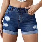 FNKDOR Kadın yazlık gündelik dar kot şort yırtık kısa pantolon, Mavi, XL