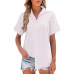 FNKDOR Keten bluz, kadın, yazlık bluz, şık, gündelik, bol, kısa kollu, revers düğmeli keten gömlek, üst giyim, bluz ve tunikler, kadınlar için, Beyaz, 3XL