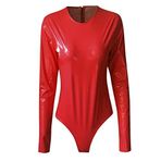FNKDOR Lake suni deri uzun kollu ince tanga bodysuit kadın kıyafeti, Kırmızı, M