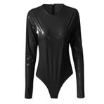 FNKDOR Lake suni deri uzun kollu ince tanga bodysuit kadın kıyafeti, Siyah, M