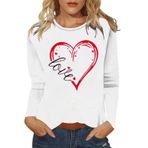 FNKDOR Love Heart Graphic Beyaz Yuvarlak Yaka Uzun Kollu Kadın Bluz