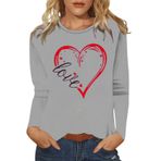 FNKDOR Love Heart Graphic Gri Yuvarlak Yaka Uzun Kollu Kadın Bluz