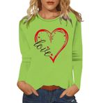 FNKDOR Love Heart Graphic Yeşil Yuvarlak Yaka Uzun Kollu Kadın Bluz