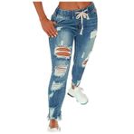 FNKDOR Mom Jeans Bayan Low Waist Slim Fit Yırtık Delikli Skinny Kot Pantolon Lastik Bantlı ve İpli, Açık mavi, 4XL