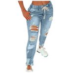FNKDOR Mom Jeans Bayan Low Waist Slim Fit Yırtık Delikli Skinny Kot Pantolon Lastik Bantlı ve İpli, Mavi, M