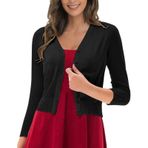 FNKDOR Örgü ceket kadın kısa yaz sonbahar düğmeli uzun kollu Crop Cardigan V yaka örgü hırka, Siyah, XL