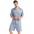 FNKDOR Pijama Erkek Kısa Yazlık Saten Gecelik Yumuşak Düz İki Parçalı Set Gece Kıyafeti Pijama Seti Göğüs Cepli, Gri, XL