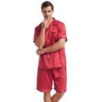 FNKDOR Pijama Erkek Kısa Yazlık Saten Gecelik Yumuşak Düz İki Parçalı Set Gece Kıyafeti Pijama Seti Göğüs Cepli, Kırmızı, L