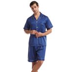 FNKDOR Pijama Erkek Kısa Yazlık Saten Gecelik Yumuşak Düz İki Parçalı Set Gece Kıyafeti Pijama Seti Göğüs Cepli, Mavi, M