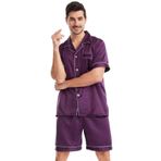 FNKDOR Pijama Erkek Kısa Yazlık Saten Gecelik Yumuşak Düz İki Parçalı Set Gece Kıyafeti Pijama Seti Göğüs Cepli, Mor, L