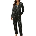 FNKDOR Pijama Kadın Pijama ve Pijama Kadın Günlük Düğmeli Puantiyeli Baskı İki Parçalı Uzun Kollu Pijama Pijama Takım, Siyah, XL