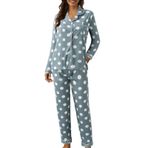 FNKDOR Pijama Kadın Pijama ve Pijama Kadın Günlük Düğmeli Tüy Puantiyeli Çilek Baskı İki Parça Uzun Kollu Pijama Pijama Takım, Mavi, XXL