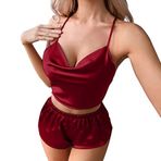 FNKDOR Pijama Kadın Pijama ve Pijama Kadın Seksi İpek Saten Fırfırlı Pijama Setleri Cami Şort Setleri Gecelik Saten Pijama Cami Şort Set Pijama Pijama Seti #20, Şarap, 3XL