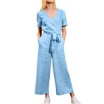 FNKDOR Sade keten tulum, kadın, şık, yazlık, V yaka, kısa kollu, 9/10 geniş bacaklı, kemerli tulum, Mavi, 4XL
