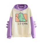 FNKDOR Sevimli çizgi film dinozor canavar baskılı kapüşonlu kadın sweatshirt, dekoratif sırt paleti, uzun kollu, yamalı kapüşonlu kazak, Lila#1, S