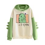 FNKDOR Sevimli çizgi film dinozor canavar baskılı kapüşonlu kadın sweatshirt, dekoratif sırt paleti, uzun kollu, yamalı kapüşonlu kazak, Yeşil#3., M