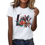 FNKDOR Tunkia Love Alfabe Baskılı Çiçek Desenli Yuvarlak Yaka Kısa Kol Beyaz Kadın T-shirt