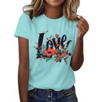 FNKDOR Tunkia Love Alfabe Baskılı Çiçek Desenli Yuvarlak Yaka Kısa Kol Gök Mavisi Kadın T-shirt