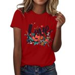 FNKDOR Tunkia Love Alfabe Baskılı Çiçek Desenli Yuvarlak Yaka Kısa Kol Kırmızı Kadın T-shirt