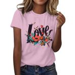 FNKDOR Tunkia Love Alfabe Baskılı Çiçek Desenli Yuvarlak Yaka Kısa Kol Pembe Kadın T-shirt
