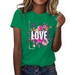 FNKDOR Tunkia Love Alfabe Baskılı Çiçek Desenli Yuvarlak Yaka Kısa Kol Standart Kesim Yeşil Kadın T-shirt