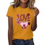 FNKDOR Tunkia Love Alfabe Baskılı Kalp Desenli Yuvarlak Yaka Kısa Kol Standart Kesim Sarı Kadın T-shirt