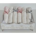 Fnt Ayaklı Kadife Güpürlü Incili Havluluk ve 6 Ad 30*50 cm Pamuklu Fistolu Fiyonklu Havlu Hediyelik - Ekru - 30 x 50 cm