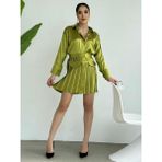 Foa Fashion Fıstık Yeşili Pilise Etekli Cep Detay Saten Ikili Takım