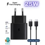 Fodos Samsung A20 A20S A21 A21S A22 A22S A23 Uyumlu 25 Watt Hızlı Şarj Cihazı Type-C Şarj Aleti Adaptör Kablo Set - Siyah