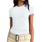FOFAINWE Kadın Basic Casual Going Out Shirt Crop Tops Slim Fit Kısa Kollu Y2K Üst Giyim Yuvarlak Yaka Dar Tişört, Beyaz, L