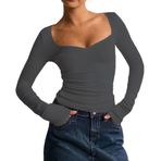FOFAINWE Uzun kollu Crop Top – Sexy Going Out Tops Sweetheart yaka tişörtler kadınlar için sonbahar trend kıyafet, Koyu gri., M