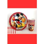FOKUL Mickey Mouse 16 Kişilik Tabak Bardak Çatal Seti Miki Doğum Günü Parti Malzemeleri Konsepti