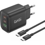 Foneng GAN10 65W USB-C 2 Port USB 1 Port 3 Portlu Yüksek Hızlı Şarj Aleti/Şarj Isısını Düşürür GaN Destekli Akım Korumalı Güç Adaptörü iPhone & Android & iPad - Siyah