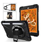 FONREST Dayanıklı Kılıf iPad Mini 4/5, Hibrit Darbeye Dayanıklı Omuz Askılı Sağlam Kapak, 360° Döndürülebilir El Tutacağı, Destek Çubuğu, Kalem Tutucu. PC + Silikon Düşmeye Dayanıklı (Siyah)