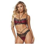 For Dreams Bordo-Siyah Dantel ve Saten Bralette Tanga Takımı, Halter Yaka, Strappy Detay 8623 (M)
