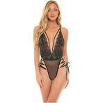 For Dreams Dantel Tül Bodysuit, Derin V Yaka, Bağcıklı Yan Detay, Seksi İç Çamaşırı, Siyah ve Kırmızı 8600 (SİYAH, S)