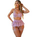 For Dreams Kadın Dantel Jartiyerli Lingerie Takımı ve Thong ve Etek Siyah ve Lila 8493 (LİLA, L)