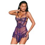 For Dreams Mor Dantel Detaylı Transparan Babydoll, Şeffaf Kumaş, Askılı, Seksi İç Çamaşırı (XL)
