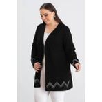 For Esra Bıg Trend Kadın Büyük Beden Kol Etek Ucu Zigzag Taş Detay Ön Açık Esnek Viskon Midi Boy Hırka - 001 Siyah - 5XL