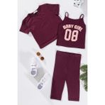 For You Kids 3'lü Baby Girl Baskılı Tshirt Atlet Tayt Bordo Takım - 5 - 6 Yaş