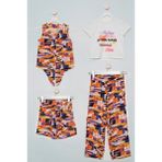 For You Kids 4'lü Desenli Gömlek Tshirt Pantolon Şort Lila Takım - 9 - 10 Yaş