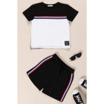 For You Kids Önü ve Yanı Renkli Şerit Çizgili Etiket Detay Erkek Çocuk T-Shirt Şort Takım | Siyah Beyaz - Siyah - Beyaz - 7 - 8 Yaş